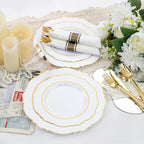 Liacere 350PCS Gold Plastic Plates-Disposable White and Gold Plates 50guest Baroque Plastic Dinnerware include 100Plates, 50Pack Pre Rolled Napkins with Silverware 50Cups for Wedding & Mothers Day
