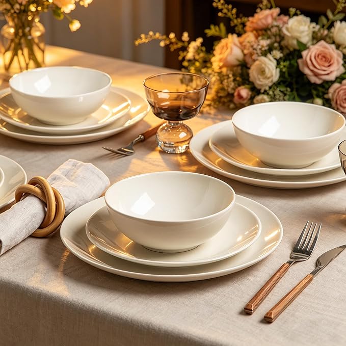 Ceramic Dinnerware Sets-12 Pieces Set, Plates Pasta Bowls Soup Bowls, Modern Stoneware Dishes, Reaction Glaze Black (Sky white)