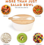 ShineMe Large Salad Bowl with Lid, 9.8inches White Salad Serving Bowl Set with Utensils, Bamboo Wooden Salad Bowl with Multifunctional Lid with Handle and Silicone Seal Ring