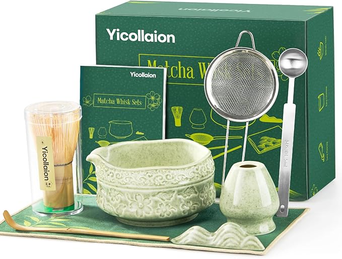 Matcha Whisk Set, 9 Pcs Matcha Set Kit for Ceremony Includes Ceramic Matcha Bowl, Holder, Bamboo Whisk & Scoop, Measuring Spoon, Scoop Rest, Sifter, Tea Towel, Handbook - Ideal Gift for All Ages