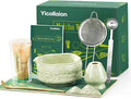Matcha Whisk Set, 9 Pcs Matcha Set Kit for Ceremony Includes Ceramic Matcha Bowl, Holder, Bamboo Whisk & Scoop, Measuring Spoon, Scoop Rest, Sifter, Tea Towel, Handbook - Ideal Gift for All Ages