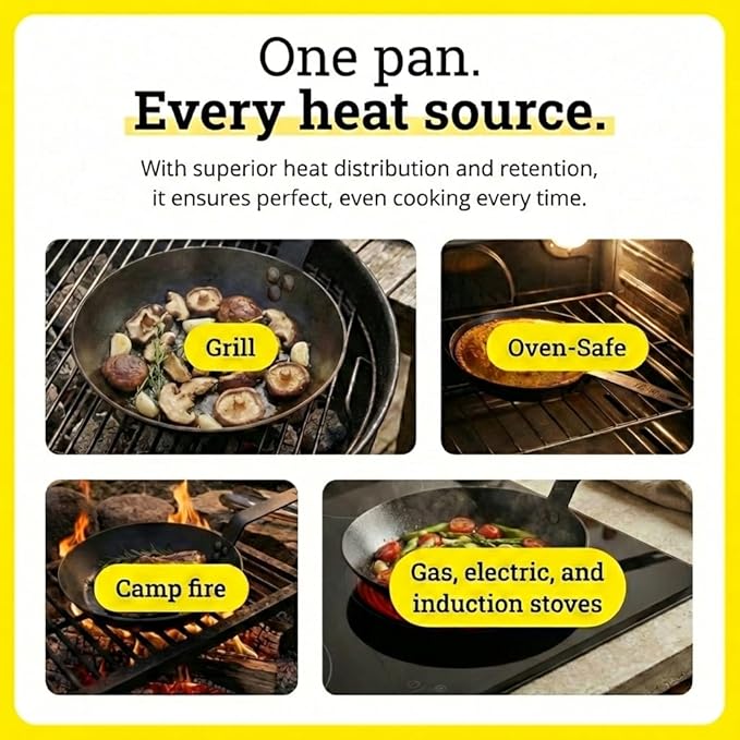 Lodge 8 Inch Carbon Steel Skillet - PFAS-Free Pre-Seasoned Carbon Steel Frying Pan for High-Heat Searing - Long Handle Design for Omelets, Grilling, and Campfire Cooking - Made in the USA