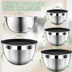 Mixing Bowls with Lids Set, Stainless Steel Mixing Bowls with Colander, Strainer with Mixing Bowl Set, Serving Bowl Kitchen Gift, Size 4.5, 2.5, 2, 1.5QT - Black