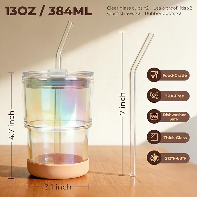 Zukro 13 oz Glass Iced Coffee Cups with Lid and Straw, Leak Proof Glass Tumbler for Ice Tea, Water, Non-Slip Silicone Bottom, Thick Wall Drinking Glasses for Home/Office, BPA Free, Amber & Shrimmer