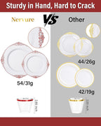 Nervure 350PCS Red Plastic Plates - White Red Plastic Dinnerware Set for 50 Guests - 100 Red Disposable Plates, 50 Pre Rolled Cutlery Set, 50 Cups Perfect for Wedding & Party & Valentine