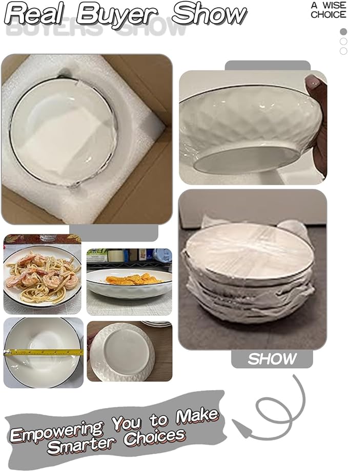 Yeacccng White Pasta Bowls Set of 6, 24oz Ceramic Salad Bowls, 8 inch Shallow Serving Bowls for Pasta, Salad, Oatmeal, Fruit, Easy to Clean, Dishwasher & Microwave Safe, Scratch-Resistant, Lead-Free