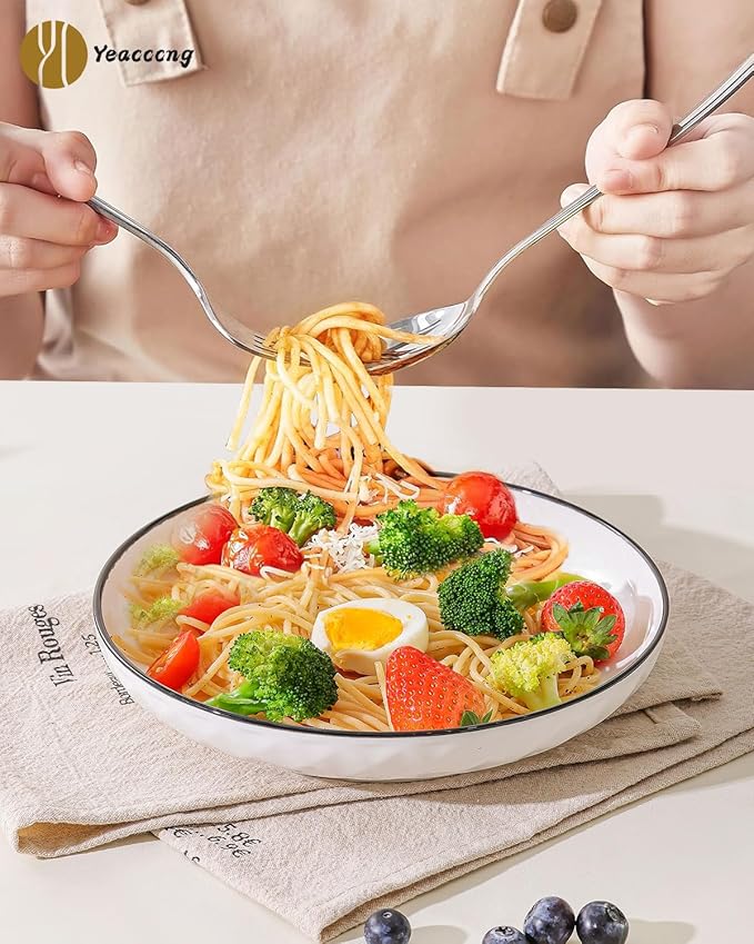Yeacccng White Pasta Bowls Set of 6, 24oz Ceramic Salad Bowls, 8 inch Shallow Serving Bowls for Pasta, Salad, Oatmeal, Fruit, Easy to Clean, Dishwasher & Microwave Safe, Scratch-Resistant, Lead-Free