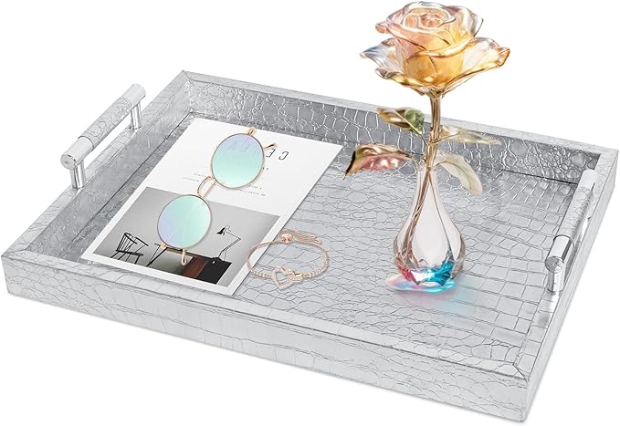 SXNOWS Faux Leather Rectangle Serving Tray with Handles, Large Decorative Tray for Ottoman Coffee Table Decor Living Room, Kitchen, Bathroom, 16x12inches (Silver)