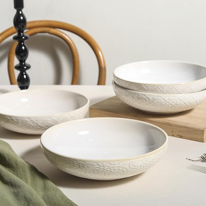 8 inch Pasta Bowls, 22 Oz Ceramic Serving Bowls Set of 4, Embossed Porcelain Salad Bowl, Serving Dishes for Pasta, Salad, Soup, Fruit, Housewarming Gift, Wedding Decor, Oven & Dishwasher Safe