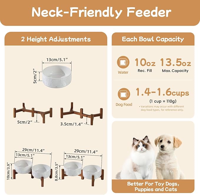 Havniva Ceramic 5.1inch Raised Double Bowls Set with Acacia Wood Stand, 2 Heights Elevated, Food & Water Bowls for Puppy, Kitty, Cats(13.5oz, Arctic White)