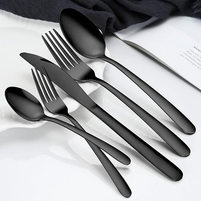 60-Piece Black Silverware Set - Stainless Steel Silverware Set for 12, Includes Forks Spoons and Knives, Utensil Sets for Home Kitchen Restaurant, Dishwasher Safe