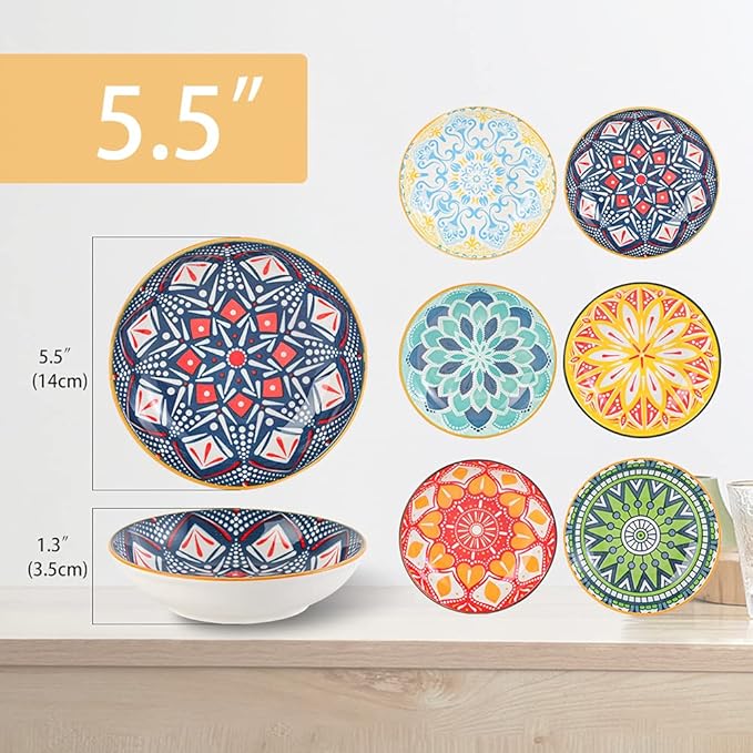 Small Bowls - Ice Cream Dessert Bowl 8.5 oz - Ceramic Bowl Set of 6 - Colorful Shallow Bowl for Side Dish | Snack | Appetizer - Microwave and Dishwasher Safe - 5.5 x 1.3 Inches