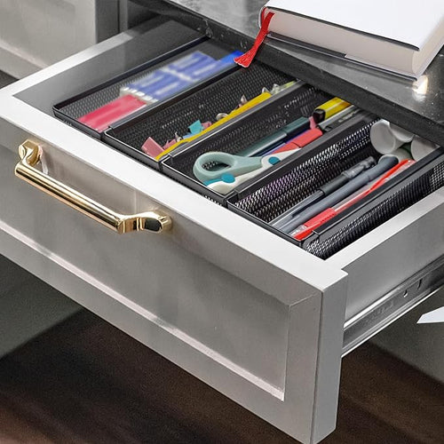 4PCS Drawer Organizer for Kitchen,Utensil Mesh Drawer Organizer with Interlocking Arm for Cosmetic,Flatware,Pen (12 * 3 * 2 Inches,Black)
