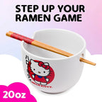 Silver Buffalo Sanrio Hello Kitty Japanese Ceramic Ramen Noodle Rice Bowl with Chopsticks, Microwave Safe, 20 Ounces