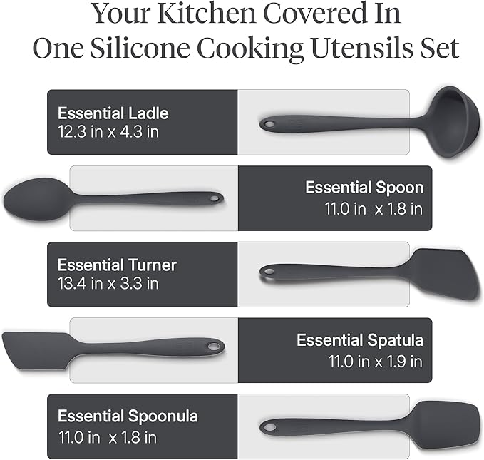 GIR 5-Piece Silicone Kitchen Utensils Set, Non-Toxic Cooking Utensils for Cooking and Baking, Heat Resistant, Food Grade, Dishwasher Safe Rubber Spatula, Ladle, Spoon - Charcoal
