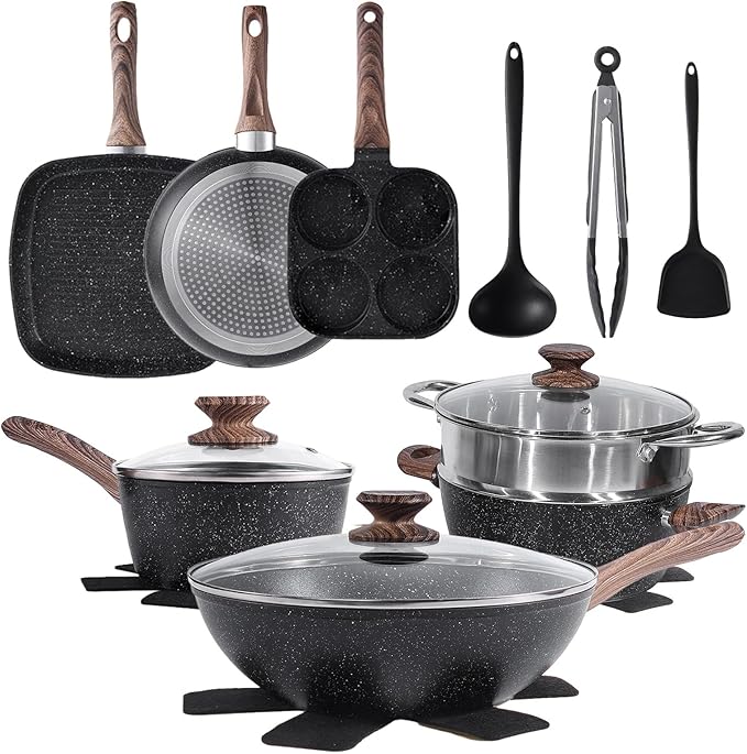 NEWBULIG 17-Piece Pots and Pans Set, Nonstick Cookware Set with Detachable Stay-Cool Handle, Non toxic Induction Kitchen Cooking Set, RV Friendly, Black