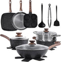 NEWBULIG 17-Piece Pots and Pans Set, Nonstick Cookware Set with Detachable Stay-Cool Handle, Non toxic Induction Kitchen Cooking Set, Dishwasher ＆ Oven Safe, RV Friendly, Black