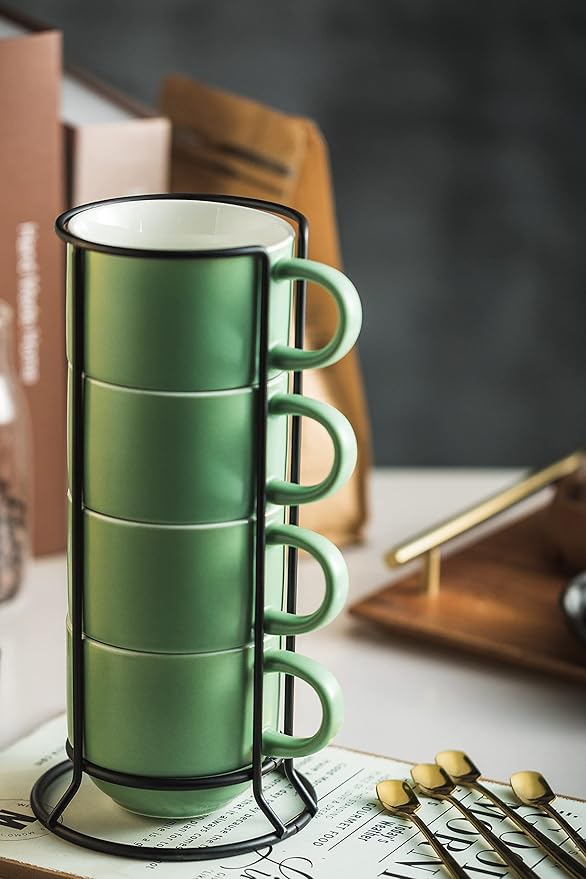 YHOSSEUN 11 Oz Coffee Mugs with Rack and Metal Spoon - Christmas Coffee Cups with Stand for Espresso, Latte, Cappuccino - Ceramic Tea Cup Demitasse Cups Set of 4 for Coffee Time, Green