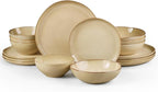 HaWare Plates and Bowls Set, Stoneware Dinnerware Sets, 16-Piece Hand-painted Dishware for 4, Ceramic Dish Set for Home Kitchen, Scratch Resistant, Microwave and Dishwasher Safe, Reactive Sandy Khaki