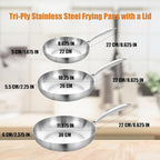 Inqibee 8.5-10-12 Inch Tri-Ply Stainless Steel Frying Pan Set with a Lid,Skillets,Induction Cooking Pans,Pots and Pans Set,Dishwasher and Oven Safe,Detachable Handle.