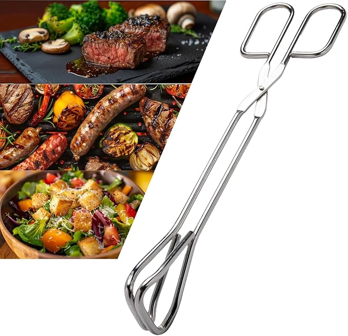 11" Heavy Duty Stainless Steel Kitchen Scissor Tongs with Comfortable Ergonomic Grip, Heat Resistant Tongs for Cooking & BBQ, Set of 2