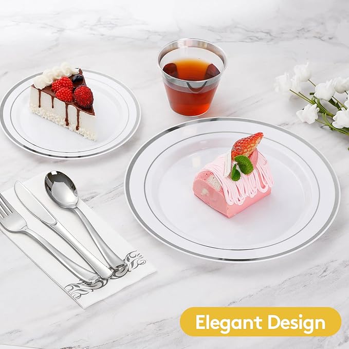 Goodluck 175 Pieces Silver Dinnerware Set for 25 Guests, Plastic Plates Disposable for Party, Include: 25 Silver Dinner Plates, 25 Dessert Plates, 25 Paper Napkins, 25 Cups, 25 Silverware Set