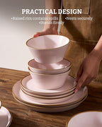 Famiware Saturn Stoneware Dinnerware Sets for 8 (24 Pieces), Ceramic Plates and Bowls Dish Sets with Hand-Painted Trim - Chip & Scratch Resistant, Microwave & Dishwasher Safe Tableware, Light Pink