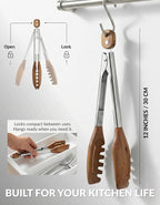 3-in-1 Kitchen Tongs & Pasta Server – 12 Inch Walnut Multifunction Tongs with Slotted Forked & Flat Tips for Pasta, Salad, Cooking and More – Elegant, Heat-Resistant Food Tongs for Home Cooks & Chefs