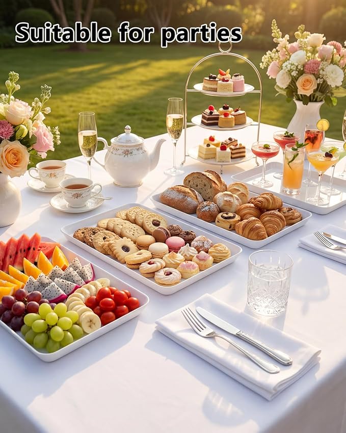 YOUBET 6 PCS Plastic Serving Trays - White Trays for Serving Food - Super Strong Disposable Platters, Heavy Duty Plastic Trays for BBQ, Picnic, Party, Wedding