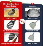 304 Stainless Steel Cooking Utensils Set,9PCS Metal Kitchen Utensils Set with Wooden Handle,Solid Spoon,Spatula,Ladle,Skimmer,Spaghetti Spoon,Dishwasher Safe(Black)