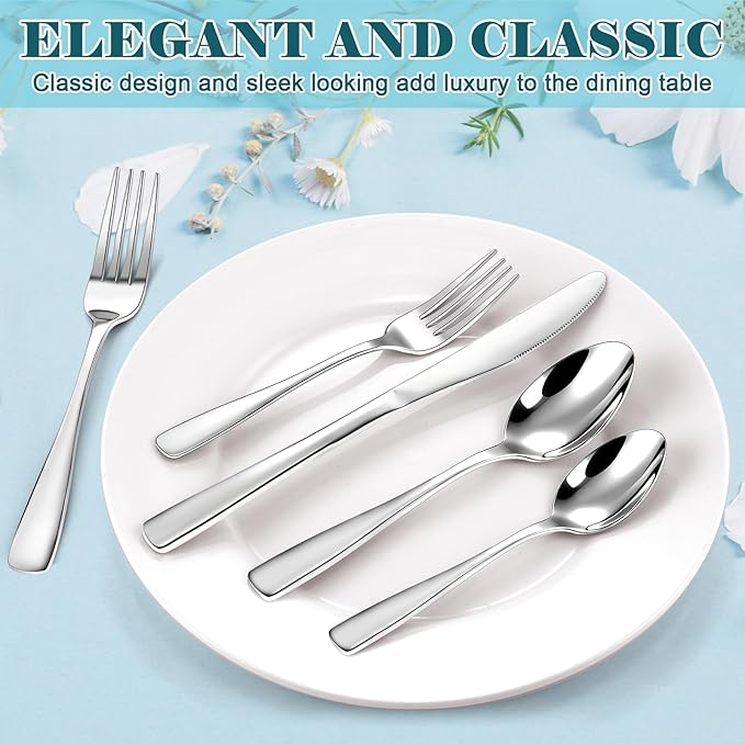 Bestdin 60 PCS Silverware Sets - Mirror Polished Flatware Set for 12, Including Knives, Spoons and Forks, Cutlery Set, Dishwasher Safe & Stainless Steel Silverware for Wedding Gift, Home & Party Use
