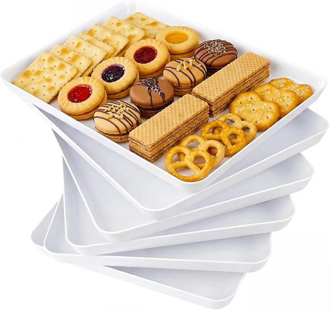 YOUBET 6 PCS Plastic Serving Trays - White Trays for Serving Food - Super Strong Disposable Platters, Heavy Duty Plastic Trays for BBQ, Picnic, Party, Wedding