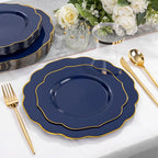 bUCLA 180PCS Blue Plastic Plates - Navy Blue and Gold Rim Disposable Include 30 Each (Dinner & Dessert) Plates, 30 Knives, 30 Forks, 30 Spoons and 30 Cups, Ideal for Party, Gathering & Graduation