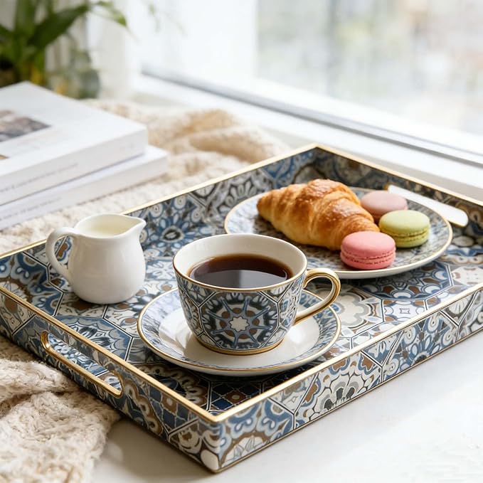 Large Serving Tray with Handles,Rectangle Plastic Serving Tray,Bohemian Blue Ottoman Trays Coffee Table Trays for Living Room,Decorative Tray for Coffee Table 16" x 12"