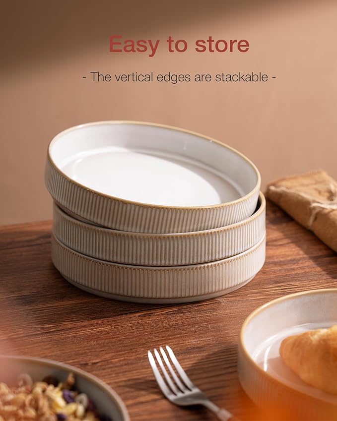 famiware Star 7.5" Pasta Bowls Set, Salad Bowl Set of 8, Double Reactive Glaze, Stackable, Ideal for Your Friend for Housewarming, Festivals, Cappuccino White