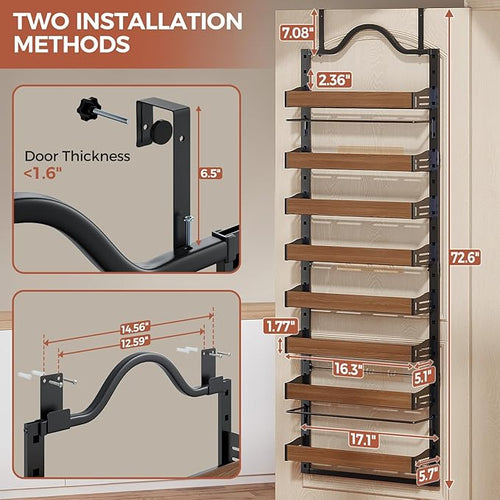 8-Tier Spice Rack Wall Mount, Heavy-Duty Over the Door Pantry Organizer with Wooden Adjustable Basket, 2 IN 1 Wall Mount or Hanging Pantry Door Organizer,Door Spice Rack for Pantry, Black