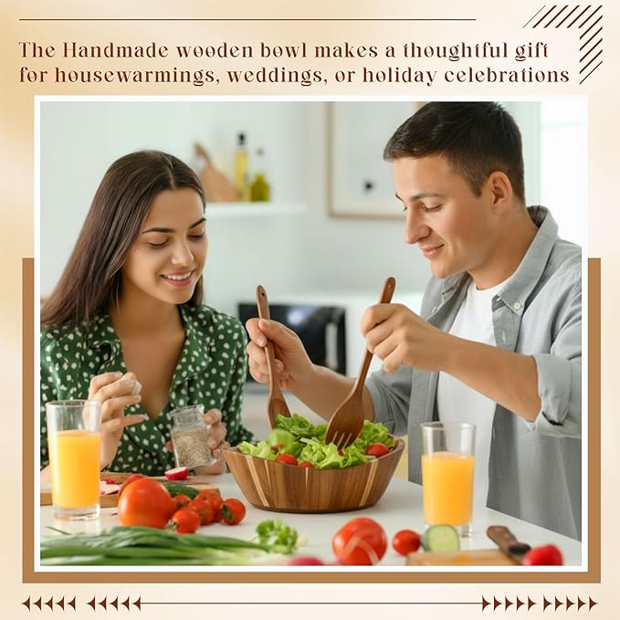 LemonRoad Wooden Salad Bowls Set 12 inch Wavy Large Acacia Wood Serving Bowl with 2 Wooden Hands 2 Utensils Fork Spoon for Fruit, Salad, Cereal, Corn flake, Pasta, Food (Regular Shaped)