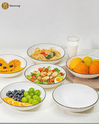 Yeacccng White Pasta Bowls Set of 6, 9.25 Inch 50 Oz Large Ceramic Soup Salad Bowls, Black Rim Minimalist Design, Lead-Free Cadmium-Free, Dishwasher Microwave Oven Safe, Scratch-Resistant