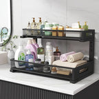 2 Pack 19IN Depth Under Sink Storage Organizer, Large 2-Tier Elegant Mesh Pull Out Shelf for Kitchen and Bathroom Cabinet Organization, L-Shaped and Adjustable Height Design-Black