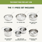 GreenPan Stainless Steel Cookware Set, 11 Piece, Induction Cookware, Dishwasher Safe, Oven Safe to 600F, Large 8QT Stock Pot, Sauce, Saute, Frying Pans, Pots & Pans Kitchen Essentials, Silver