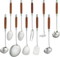 18/10 Stainless Steel Kitchen Utensils Set with Wood Handle Metal Cooking Utensils Set 10 Piece - Spatula, Spoon, Ladle, Skimmer, Slotted Turners, Pasta,Turner, Ladl, Fork