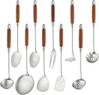 18/10 Stainless Steel Kitchen Utensils Set with Wood Handle Metal Cooking Utensils Set 10 Piece - Spatula, Spoon, Ladle, Skimmer, Slotted Turners, Pasta,Turner, Ladl, Fork