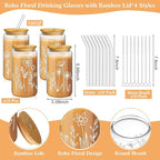 Mumufy 18 Pack Favor Glass Tumblers Boho Floral 16oz Iced Coffee Cups with Bamboo Lids and Straws Bridesmaid Gifts for Wedding Day Elegant Drinkware for Reception and Welcome Drinks