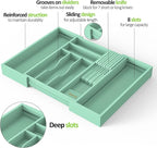 Bamboo Kitchen Drawer Organizer, Expandable Silverware Organizer with Removable Knife Block, 6-8 Slots- Utensil Holder & Cutlery Tray Drawer Dividers, 2.36" Deep for Extra Capacity, Cyan