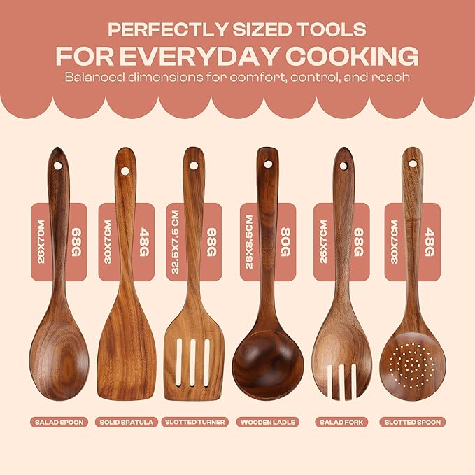 6-Piece Wooden Spoons for Cooking – Smooth Polished Teak Wood Utensils – Soft Comfort-Grip Cooking Wood Spoons Non-Stick Safe Easy to Clean Heat Resistant Set