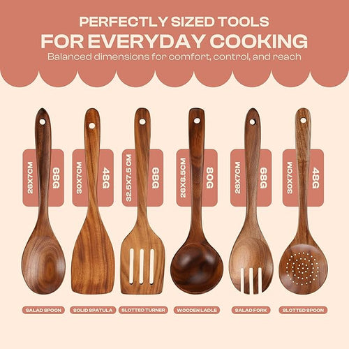6-Piece Wooden Spoons for Cooking – Smooth Polished Teak Wood Utensils – Soft Comfort-Grip Cooking Wood Spoons Non-Stick Safe Easy to Clean Heat Resistant Set
