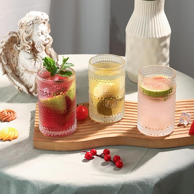 Moretoes Large Hobnail Drinking Glass Set of 12,15oz Clear Vintage Glassware,Embossed Glass Cups,Water Tumbler,Highball Glasses For Beer, Juice And Various Mixed Drinks