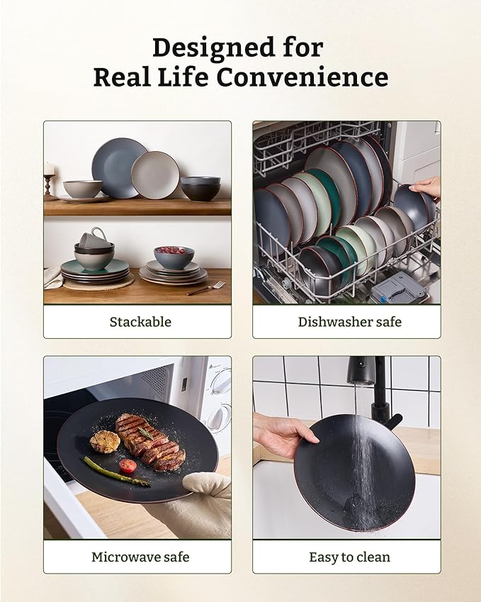 Famiware Venus Plates and Bowls Sets with Trim, 12 Pieces Stoneware Chip Resistant Dinnerware Dishes for 4, Matte Black - Microwave/Dishwasher Safe, Modern Minimalist, for Everyday Meals/Formal Dining