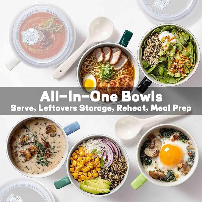 Soup Bowls with Handles & Spoons, 30oz Ceramic Ramen Bowl with Lid, Large Soup Mugs/Cups for Instant Noodle, Big Cereal Bowls for Oatmeal, Soup Containers with Lids, Set of 2, Grass Green