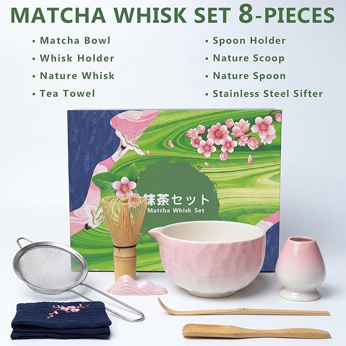 8 Pcs Matcha Whisk Set, Complete Ceramic Matcha Set Includes Bowl & Holder, Whisk, Scoop, Spoon, Tea Towel and Stainless Steel Sifter, Perfect Kit for Matcha Lovers (Pink)